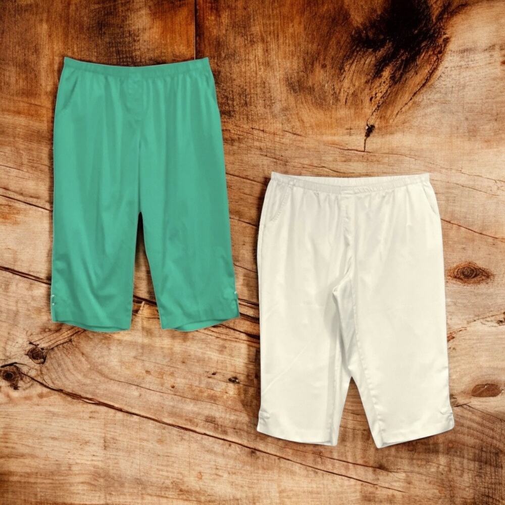 Allison Daley Women's 2-Pair White/Green Pull-On Waist Capris Pant Casual SZ 18W